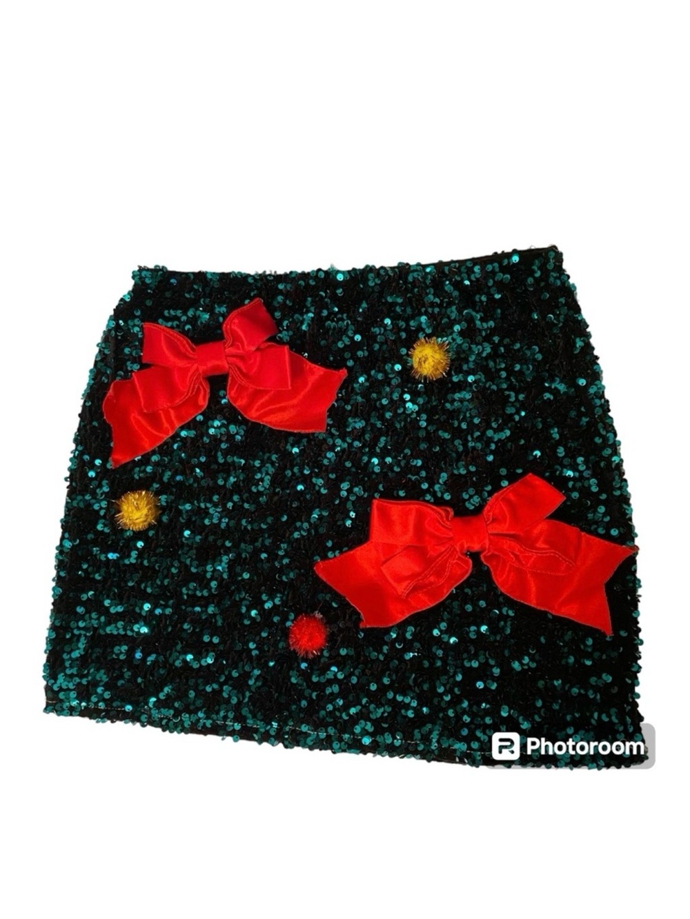 LOVE ON A HANGER SKIRT MINI GREEN SEQUINS RED BOWS POM POMS HOLIDAY XMAS SIZE M